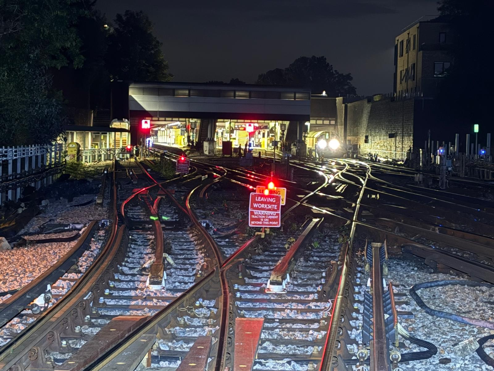 London rail track worksite prepared for an engineering shift at night