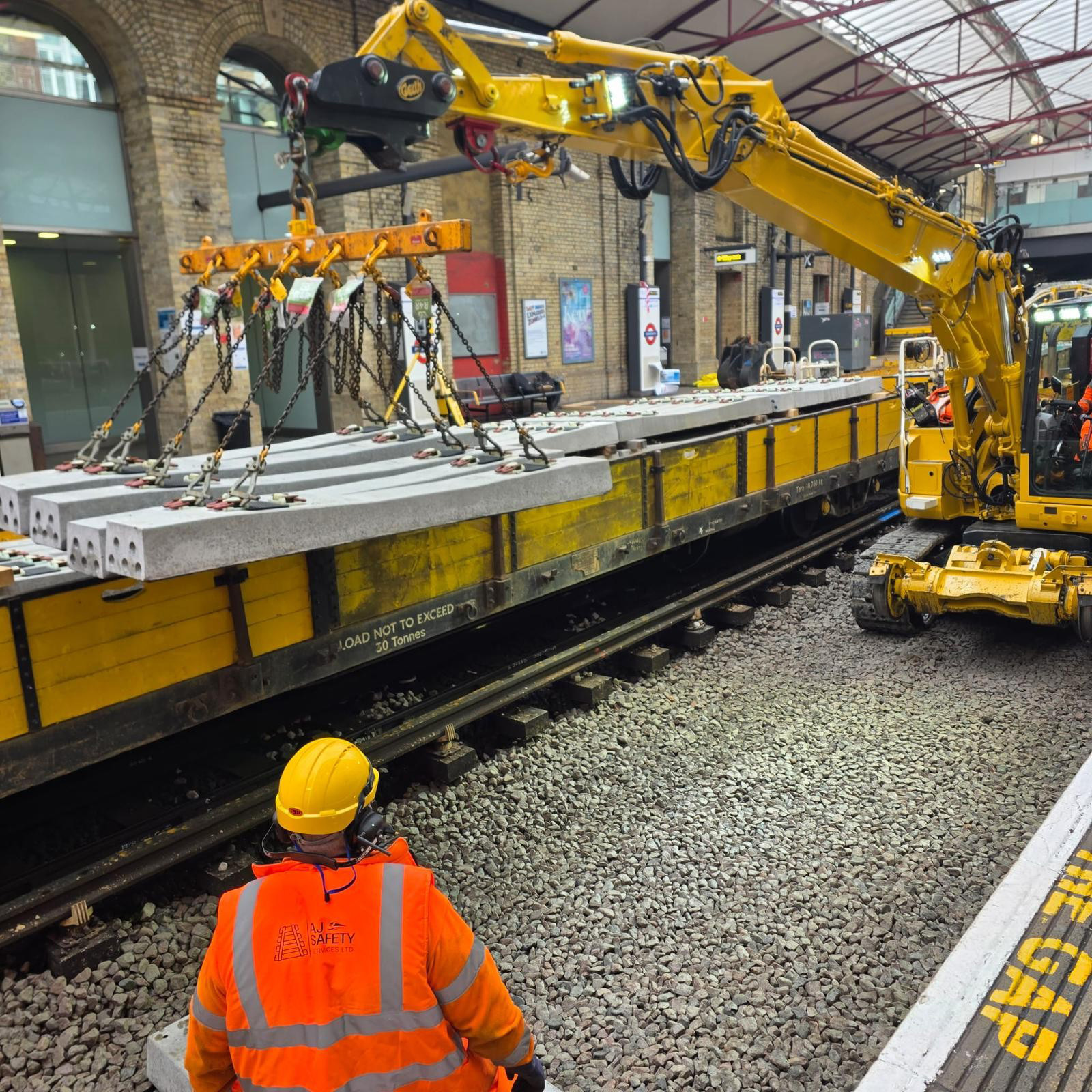 London Underground engineering train and lifting plant during planned track work